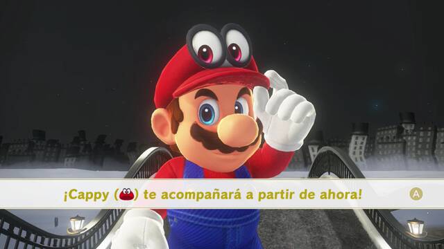 Super Mario Odyssey - Prólogo - Cappy convertido en gorra de Mario