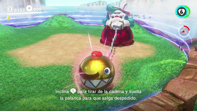 Super Mario Odyssey - Reino de las Cataratas - Señoral Broodal - Señora Broodal tirando del Chomp