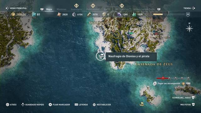 Assassin's Creed Odyssey - Colinas de la Mnade - Naufragio de Dioniso y el pirata (skin El Astrnomo para el barco)