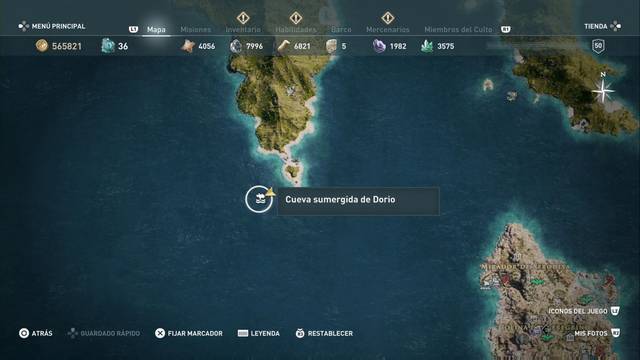 Assassin's Creed Odyssey - Piedemonte oeste del Taigeto - Cueva sumergida de Dorio (skins Seguidores y Seguidoras de Ares para la tripulaci¢n)