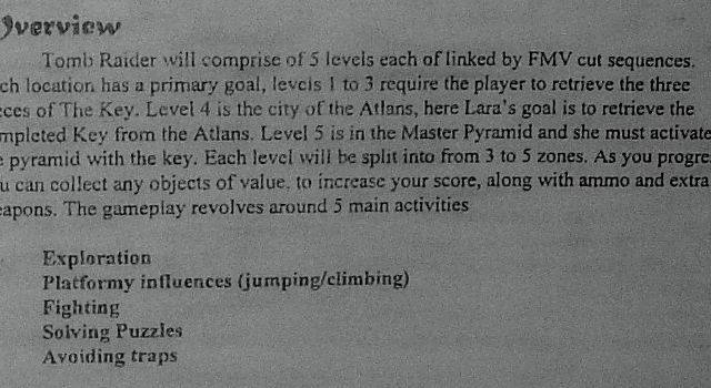Documentos de una de las primeras versiones de Tomb Raider -