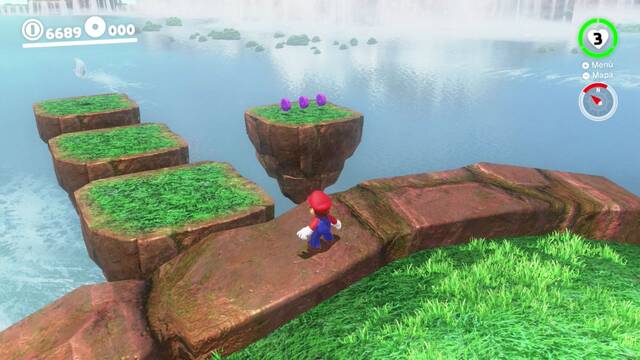 Super Mario Odyssey - Reino de las Cataratas - Monedas moradas Tras pasar la zona los Chomp encadenados - Monedas raras 48 50