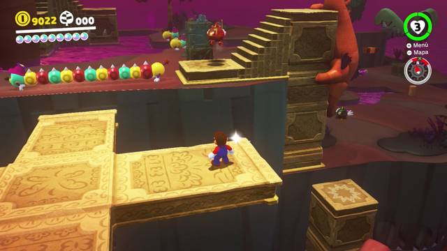 Super Mario Odyssey - Reino Perdido - Energiluna 28 - Enemigo lanzándose hacia la columna