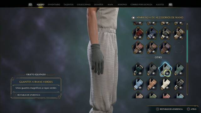 Hogwarts Legacy - Accesorios de mano (Piezas de equipo) - Guantes a rayas verdes