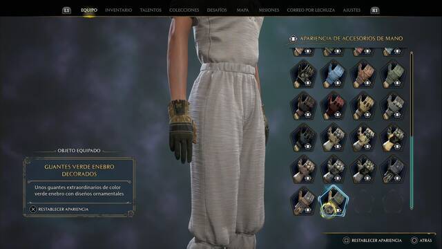 Hogwarts Legacy - Accesorios de mano (Piezas de equipo) - Guantes verde enebro decorados
