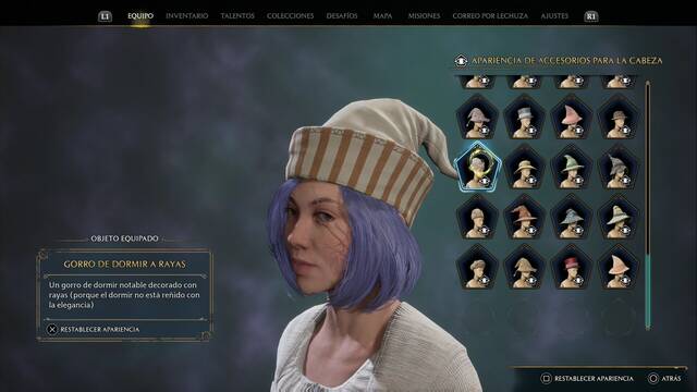 Hogwarts Legacy - Accesorios para la cabeza (Piezas de equipo) - Gorro de dormir a rayas