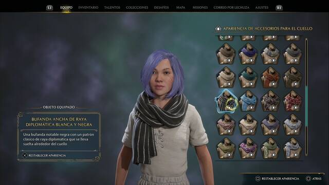 Hogwarts Legacy - Accesorios para el cuello (Piezas de equipo) - Bufanda ancha de raya diplomatica blanca y negra