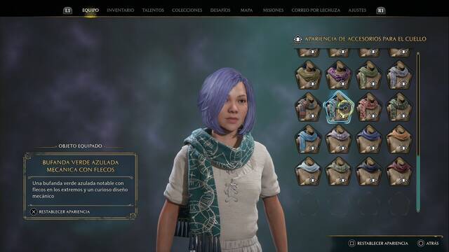 Hogwarts Legacy - Accesorios para el cuello (Piezas de equipo) - Bufanda verde azulada mecanica con flecos