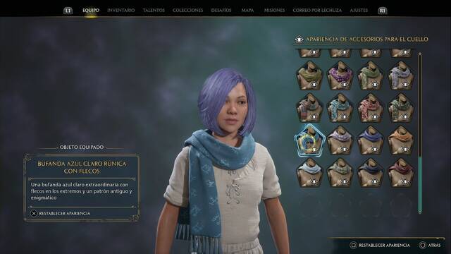 Hogwarts Legacy - Accesorios para el cuello (Piezas de equipo) - Bufanda azul claro runica con flecos