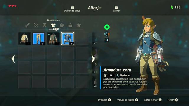 Zelda Breath of the Wild Ruta, bestia del agua - Armadura Zora