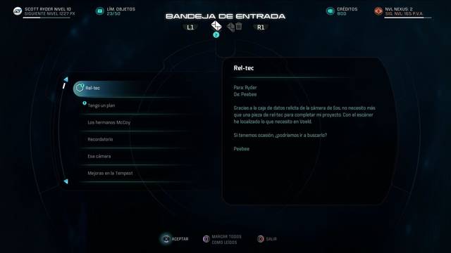 Mass Effect Andromeda Peebee proyecto secreto - Correo