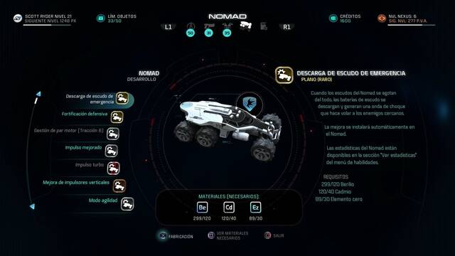 Mass Effect Andromeda Mejoras del Nomad - Mejroas del Nomad