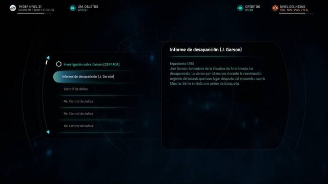Mass Effect Andromeda Secretos de la familia Ryder - Informe de desaparición