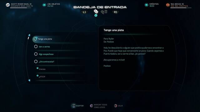 Mass Effect Andromeda Peebee proyecto secreto - Correo