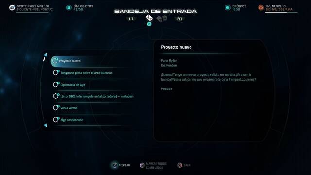 Mass Effect Andromeda Peebee proyecto secreto - Correo