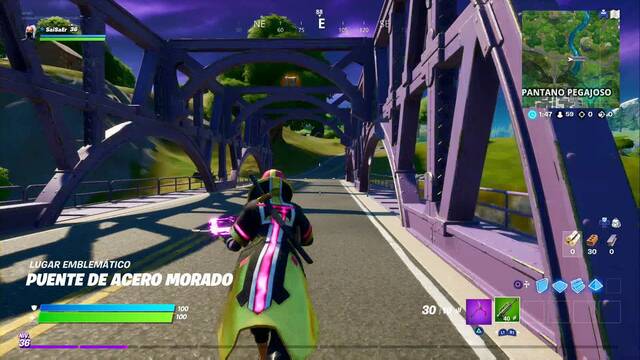 Fortnite Battle Royale - 15 Lugares emblemáticos fáciles - Puente de acero morado