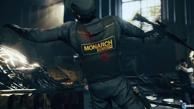 Imágenes de la versión de 2012 de Quantum Break - El protagonista original de juego, vistiendo un chaleco de Monarch, dispara a un miembro de la compañía.