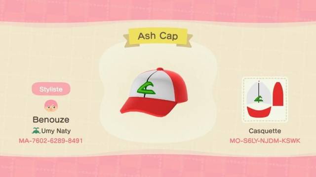 Animal Crossing: New Horizons - Códigos de diseño de Pokémon - Codigos de New Horizons #01 Pokemon gorra de Ash