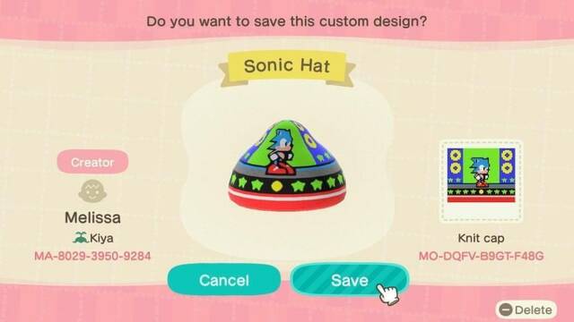 Animal Crossing: New Horizons - Códigos de diseño de Sonic - Codigos de New Horizons #03 Sonic gorro