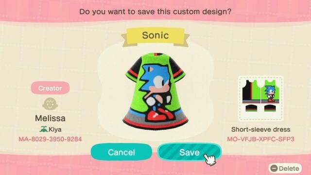 Animal Crossing: New Horizons - Códigos de diseño de Sonic - Codigos de New Horizons #04 Sonic vestido