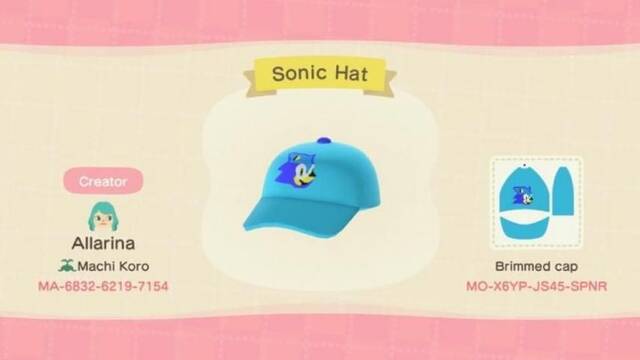 Animal Crossing: New Horizons - Códigos de diseño de Sonic - Codigos de New Horizons #05 Sonic gorra