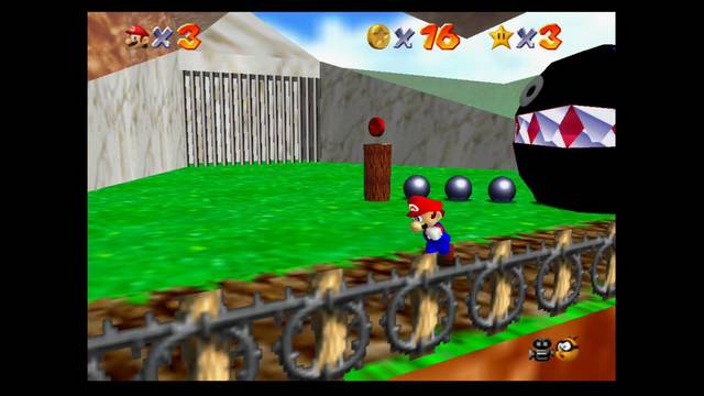 Super Mario 64 - Monedas rojas en Bob-Omb battlefield - En el poste de Bow wow