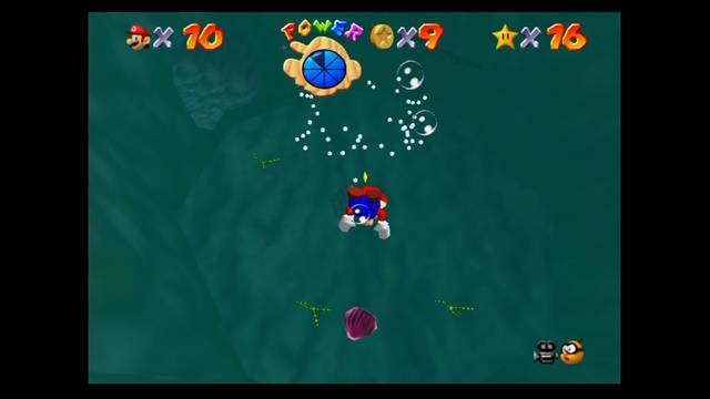 Super Mario 64 - Monedas rojas en Jolly Roger Bay - Almeja con monedas rojas en el fondo