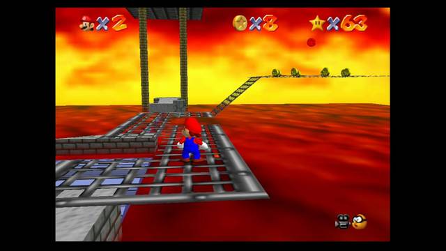 Super Mario 64 - Monedas rojas de Bowser in the fire sea - Primera moneda en la pasarela metalica
